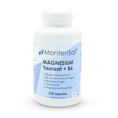 Magnesium Tauraat met Viatmine B6. Capsules van 120 stuks.