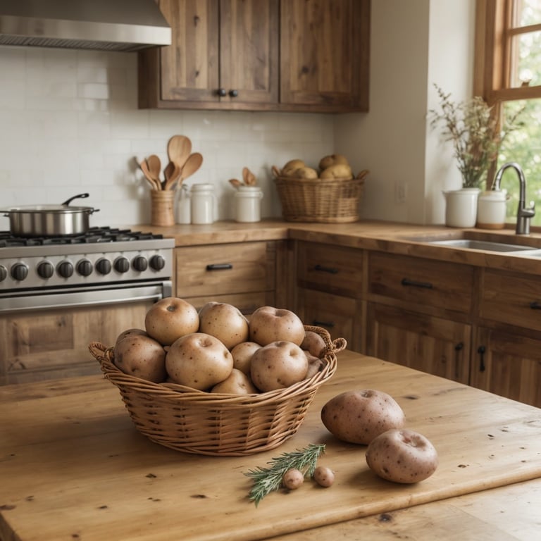 un panier de pommes de terre sur une table en bois dans une cuisine