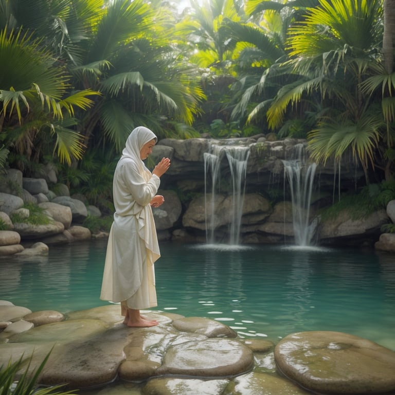 une femme en robe blanche prie devant une cascade