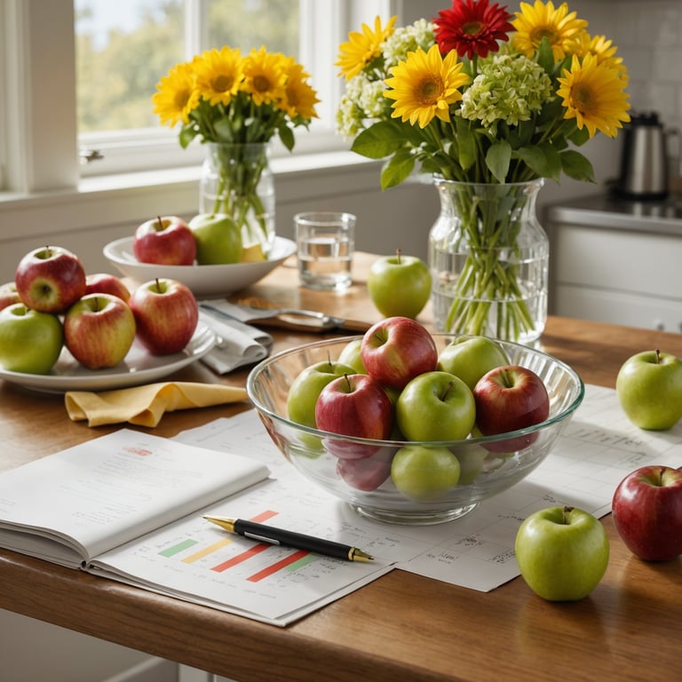 un bol de pommes est assis sur une table à côté d' un vase de fleurs
