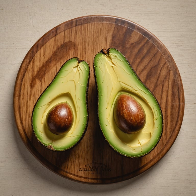 deux avocats sont coupés en deux sur une planche à découper en bois