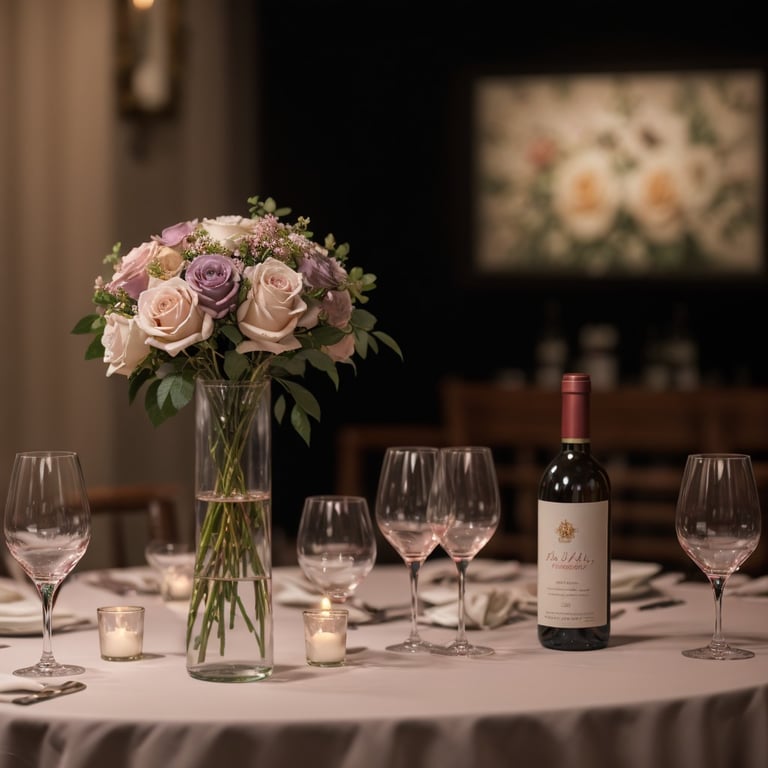 une bouteille de vin est assise à côté d' un vase de fleurs sur une table
