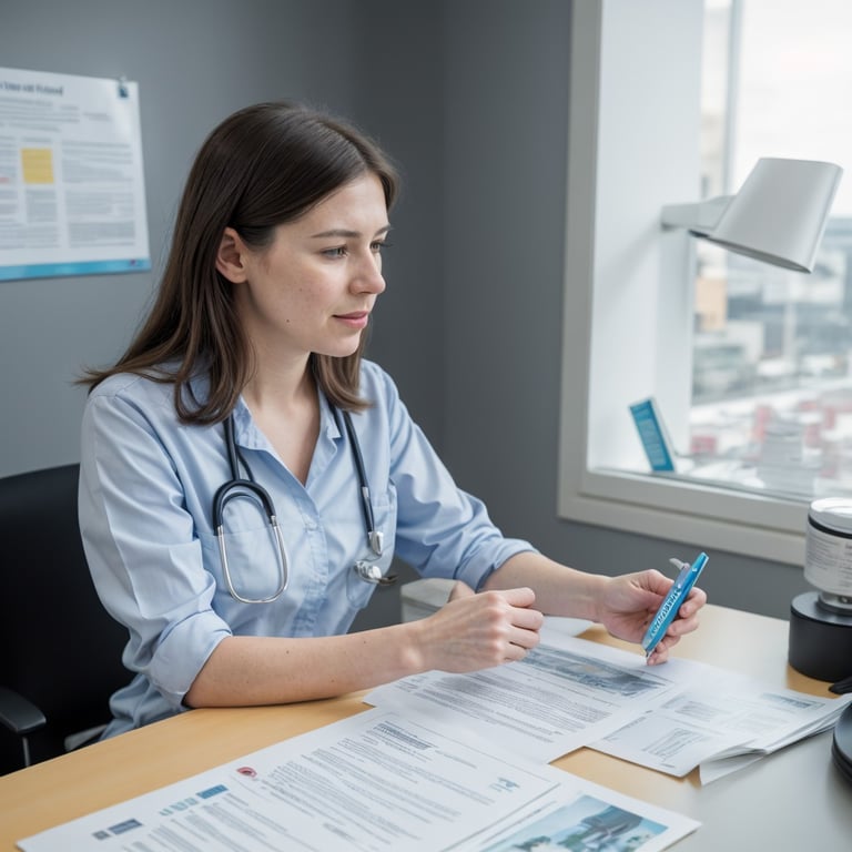 une femme avec un stéthoscope assise à un bureau tenant un stylo