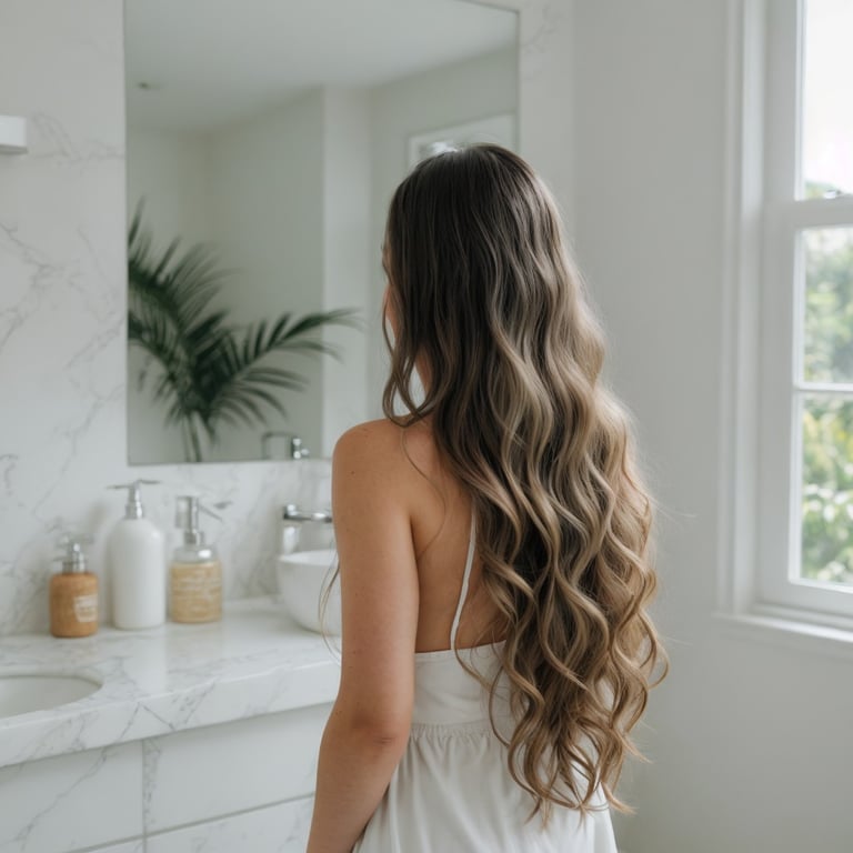 une femme debout devant un miroir dans une salle de bain