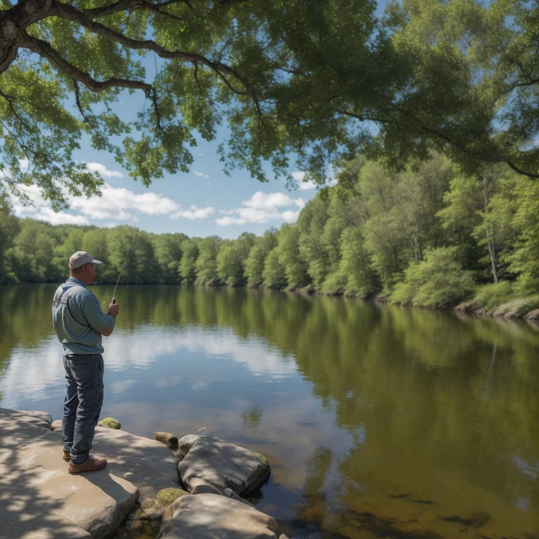 un homme se tient au bord d' un lac tenant une canne à pêche