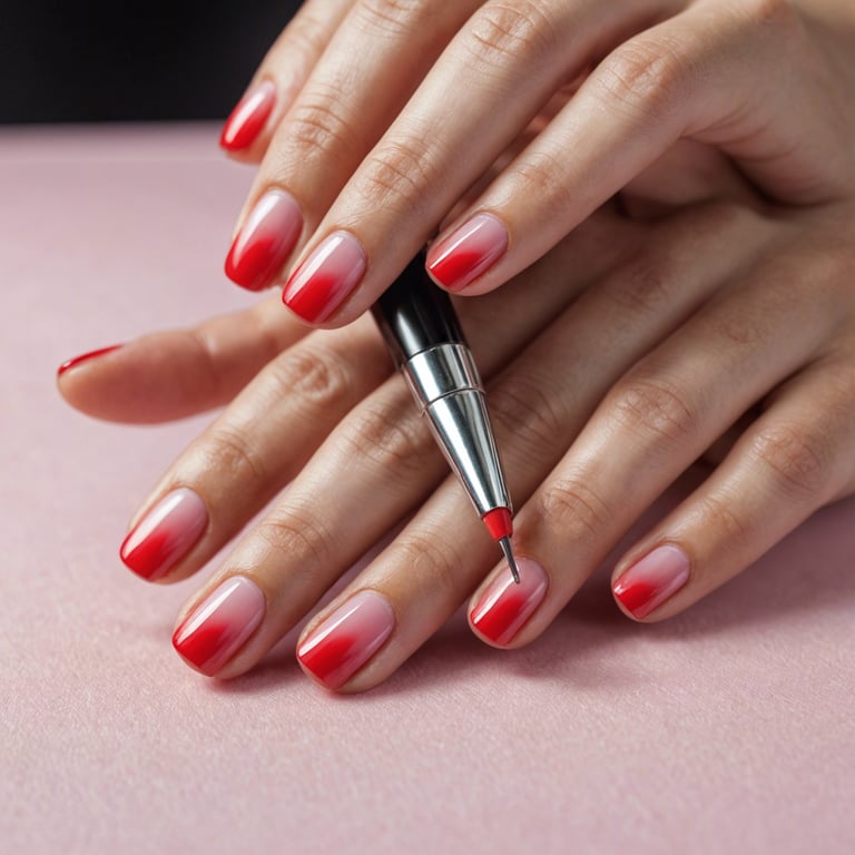 une femme peint ses ongles rouges avec un stylo