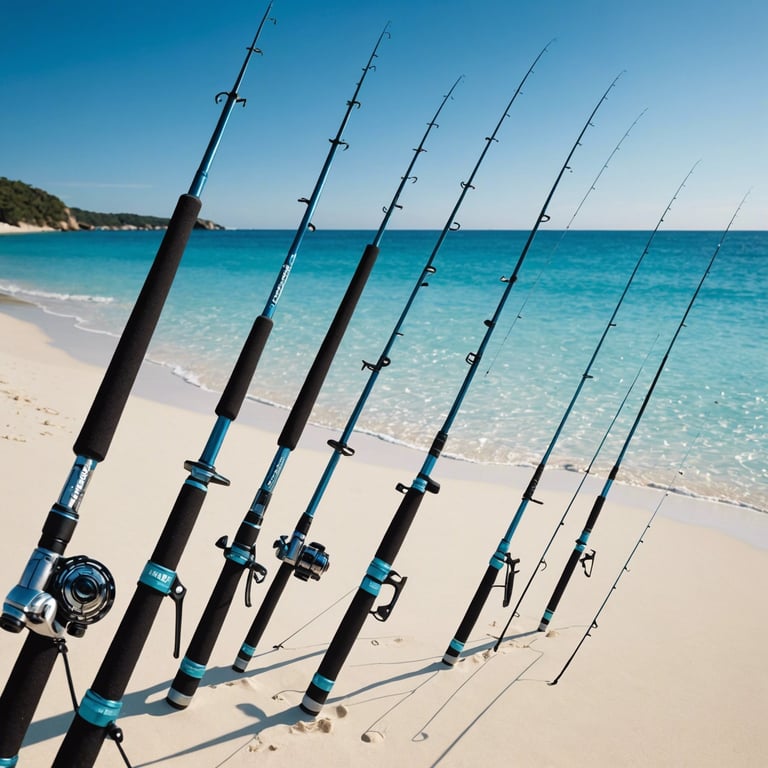 plusieurs cannes à pêche sont alignées sur une plage avec l' océan en arrière-plan