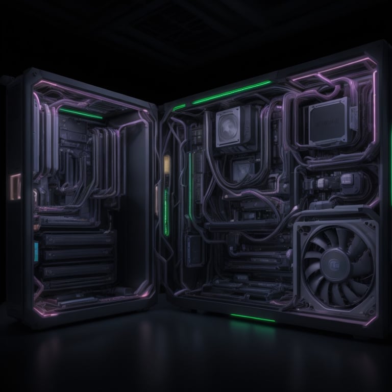 l' intérieur d' une boîte noire avec des lumières vertes à l' intérieur