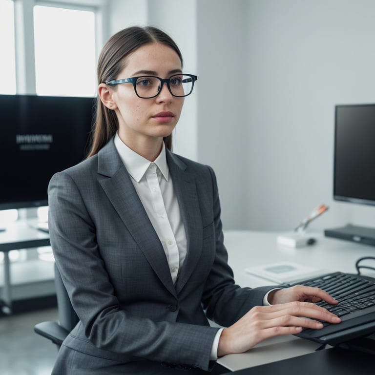 une femme en costume et lunettes travaille sur un ordinateur