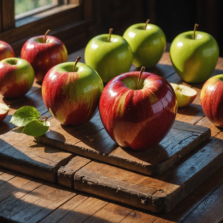 des pommes rouges et vertes sont assises sur une planche à découper en bois