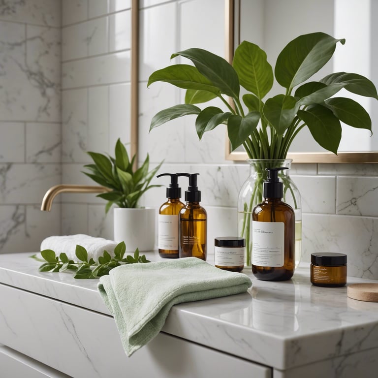 une salle de bain avec des bouteilles de cosmétiques et une plante