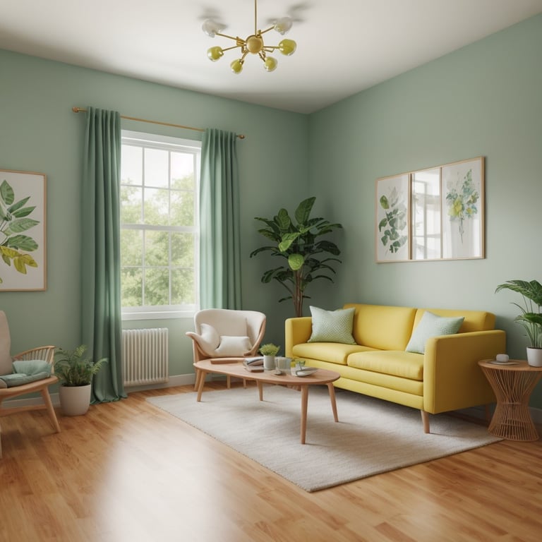 un salon avec un canapé jaune et une table