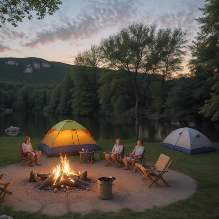 un groupe de personnes est assis autour d' un feu de camp avec des tentes en arrière-plan