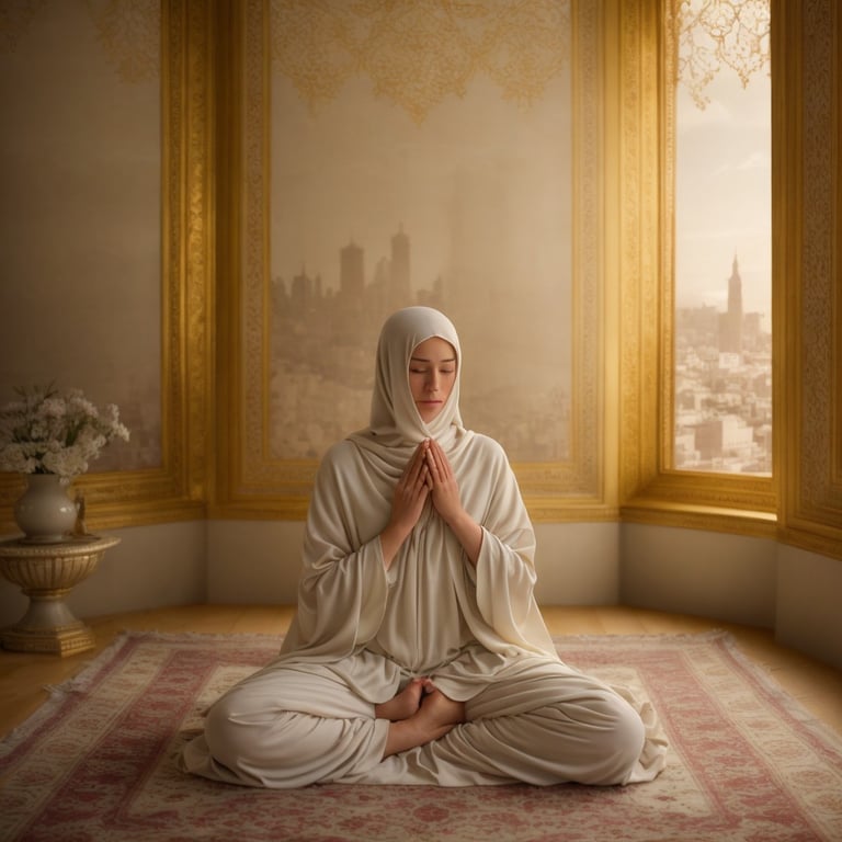 une femme vêtue d' un hijab blanc est assise sur un tapis avec les yeux fermés