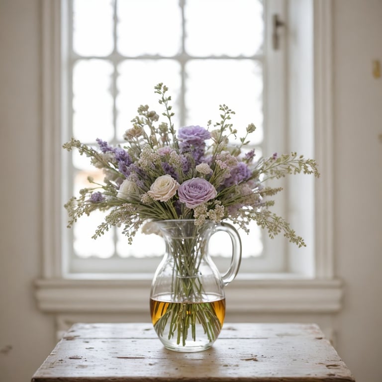 un vase rempli de fleurs violettes et blanches sur une table