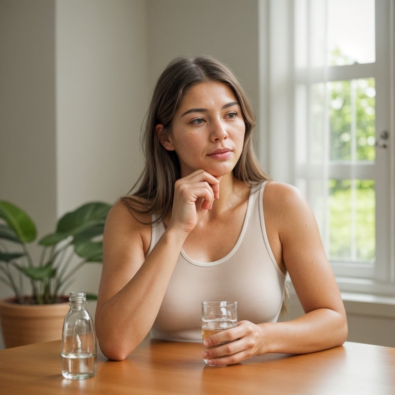 une femme assise à une table tenant un verre d' eau