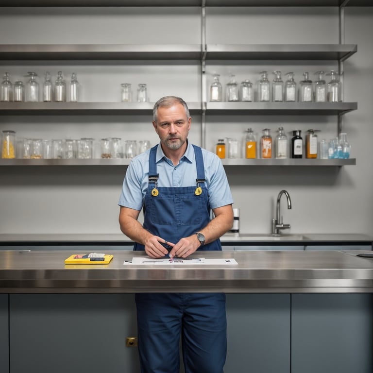 un homme en salopette bleue se tient à un comptoir de cuisine