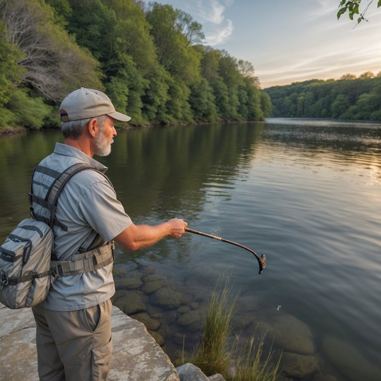 un homme tient une canne à pêche à côté d' un lac