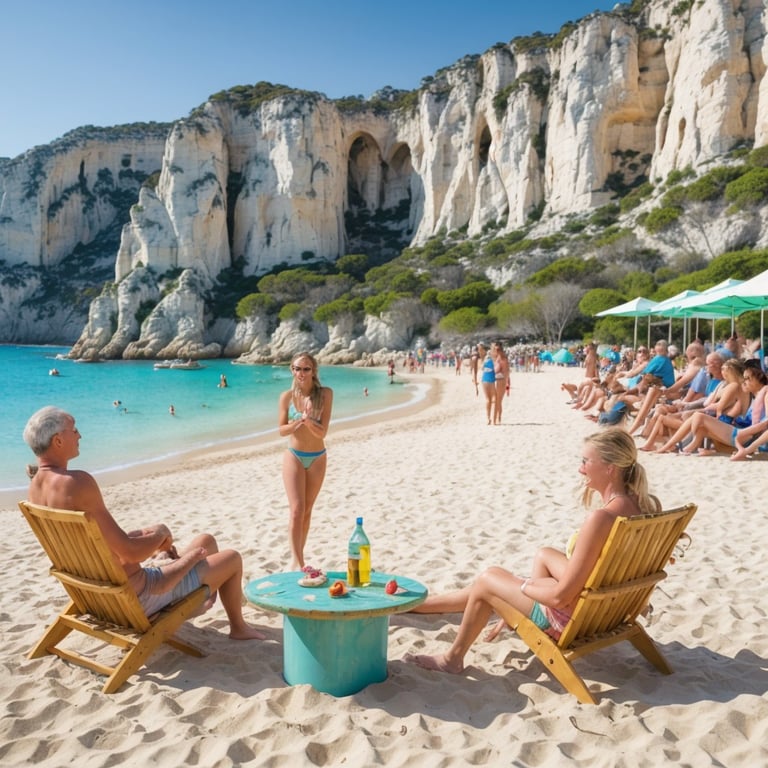une femme en bikini se tient à côté d' une table sur la plage