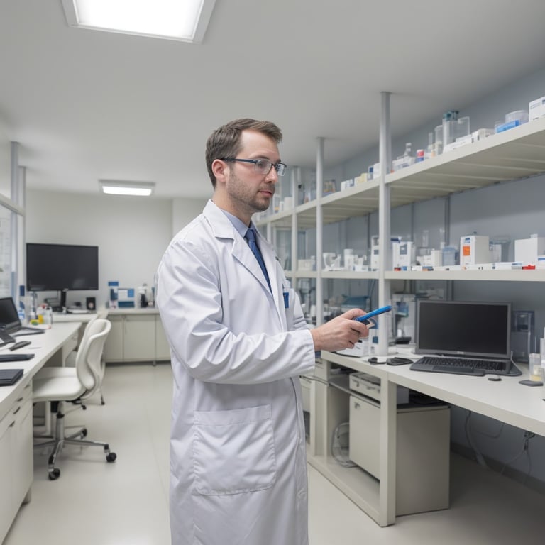 un chercheur tient un stylo bleu dans un laboratoire