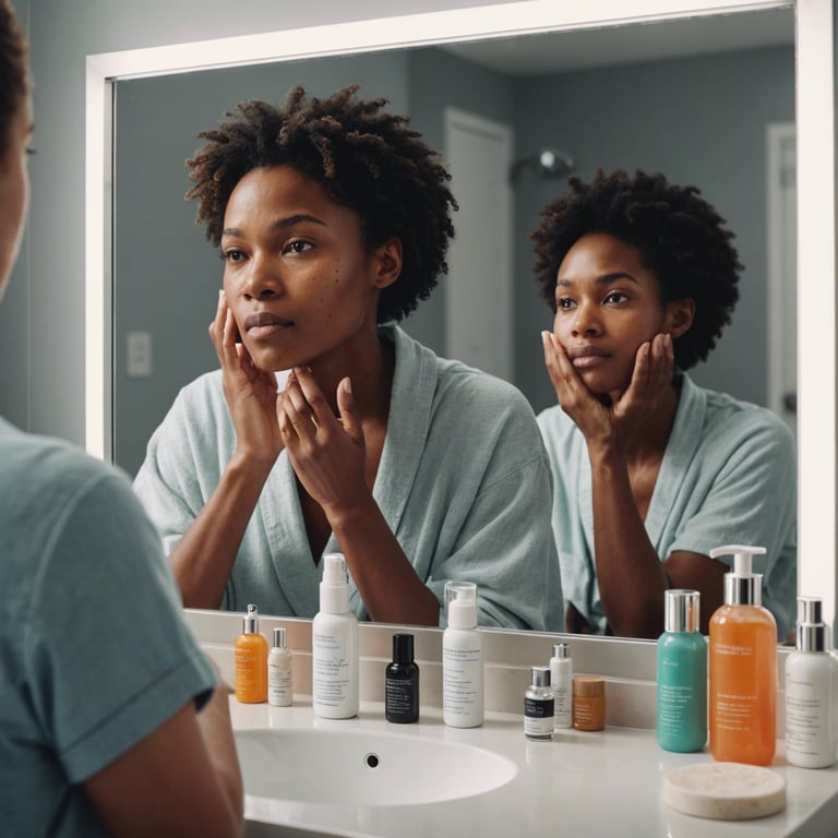 une femme se regarde dans un miroir de salle de bain entourée de produits de beauté