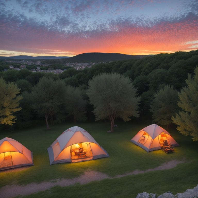 trois tentes sont allumées dans un champ au coucher du soleil