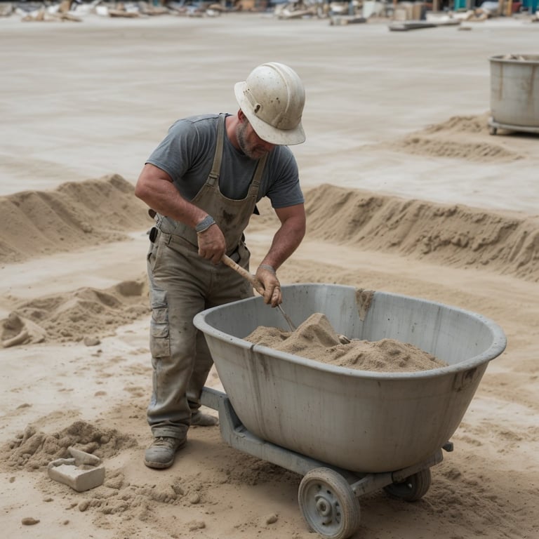 un homme travaille sur un chantier avec une brouette remplie de sable