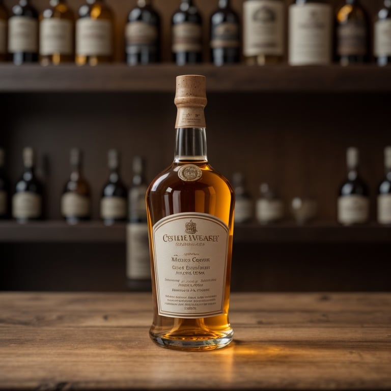Bouteille de whisky sur une table en bois avec des étagères de bouteilles floues en arrière-plan.