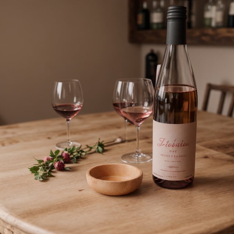 deux verres de vin sont posés sur une table en bois à côté d' une bouteille de vin rose