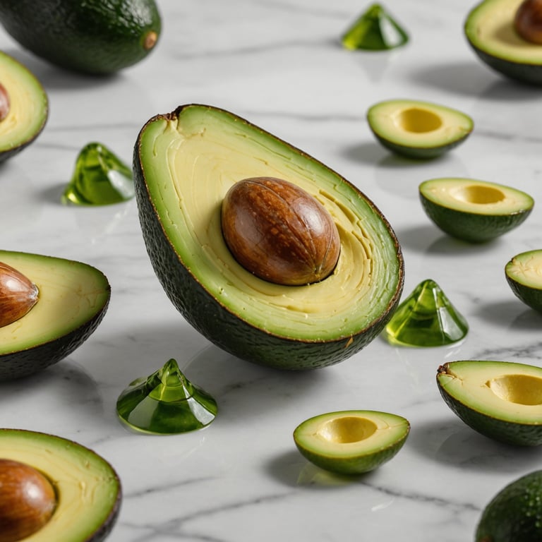 l' avocat est coupé en deux et posé sur une surface en marbre