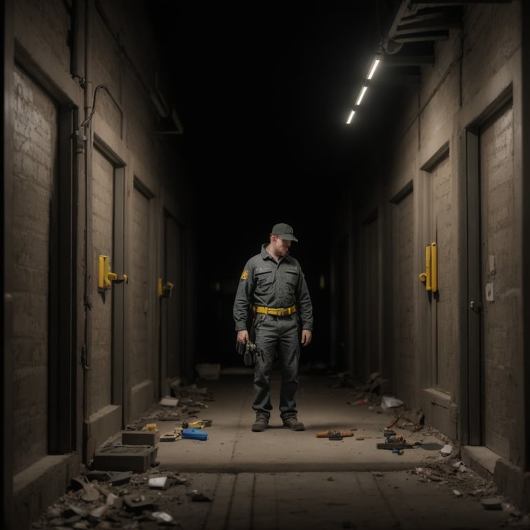 un homme en uniforme de sécurité se tient dans un couloir sombre