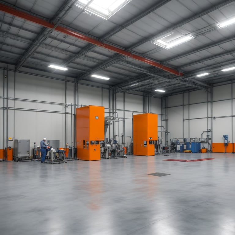 un homme travaille dans un grand entrepôt avec des machines orange