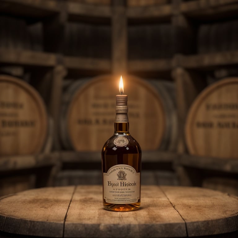 Bouteille de whisky avec une bougie allumée sur le bouchon, devant des tonneaux de chêne en arrière-plan.