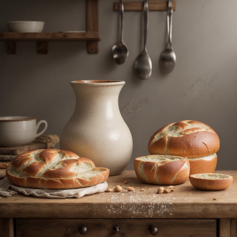 trois pains sont posés sur une table en bois à côté d' un vase