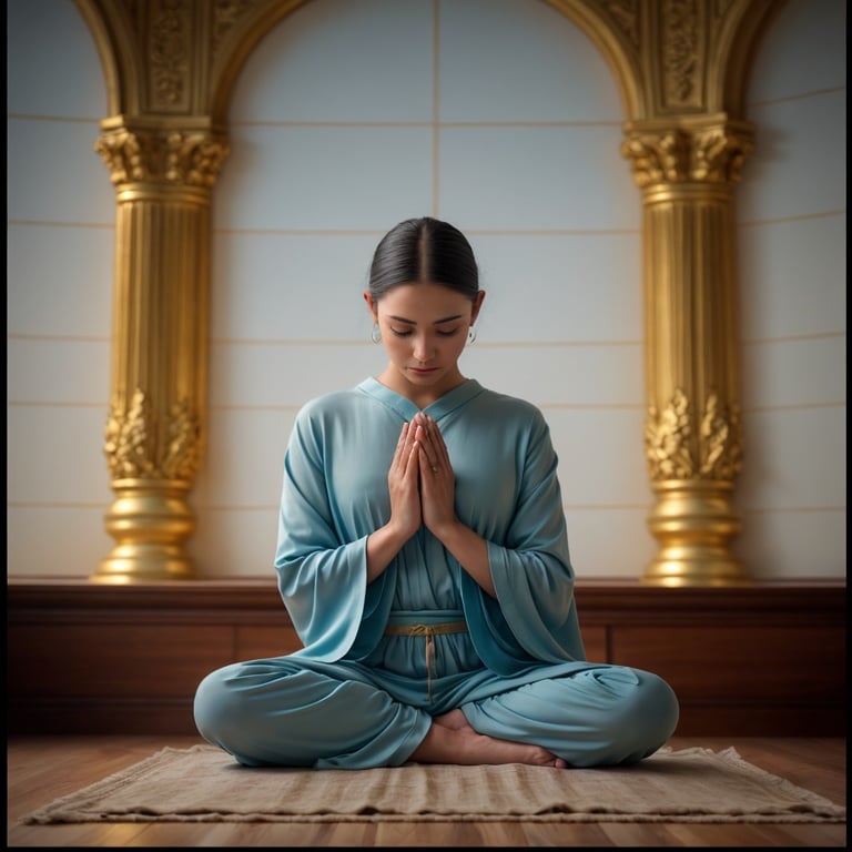 une femme en robe bleue est assise sur un tapis avec ses mains pliées en prière