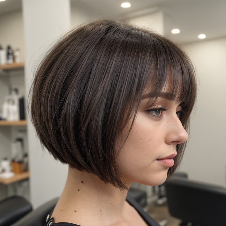 une femme aux cheveux courts et à la frange est assise dans un salon de coiffure