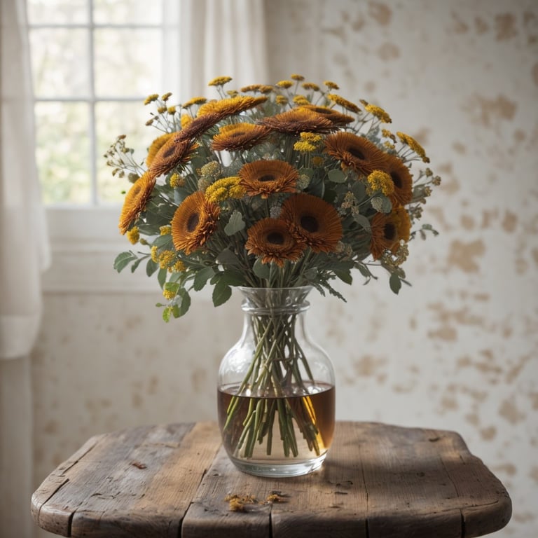 un vase rempli de fleurs orange et jaune sur une table en bois