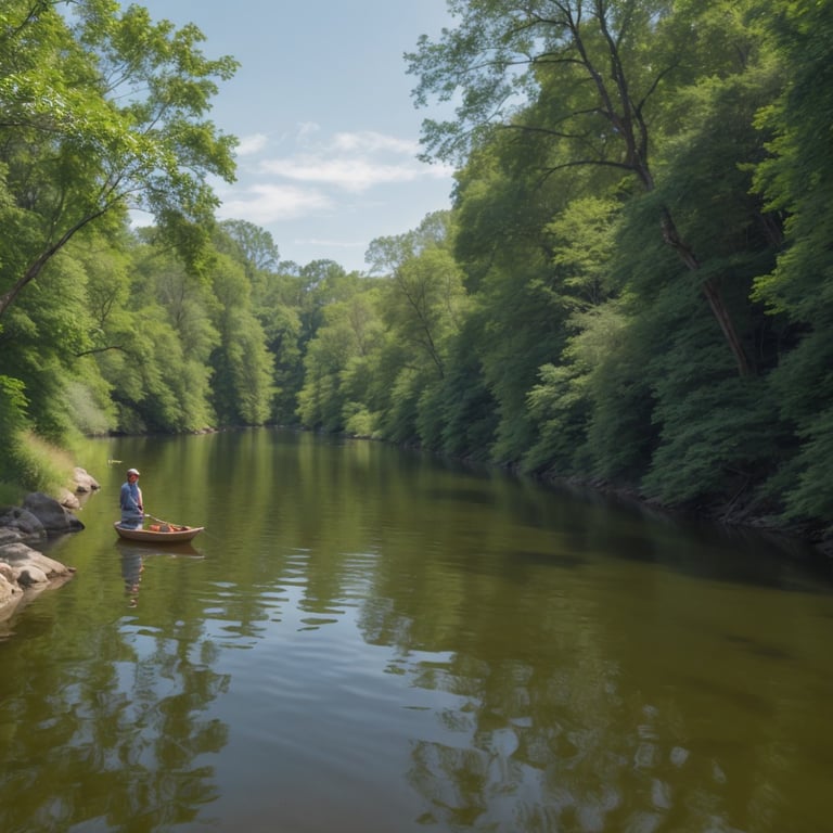 un homme pêche dans un bateau sur une rivière entourée d' arbres