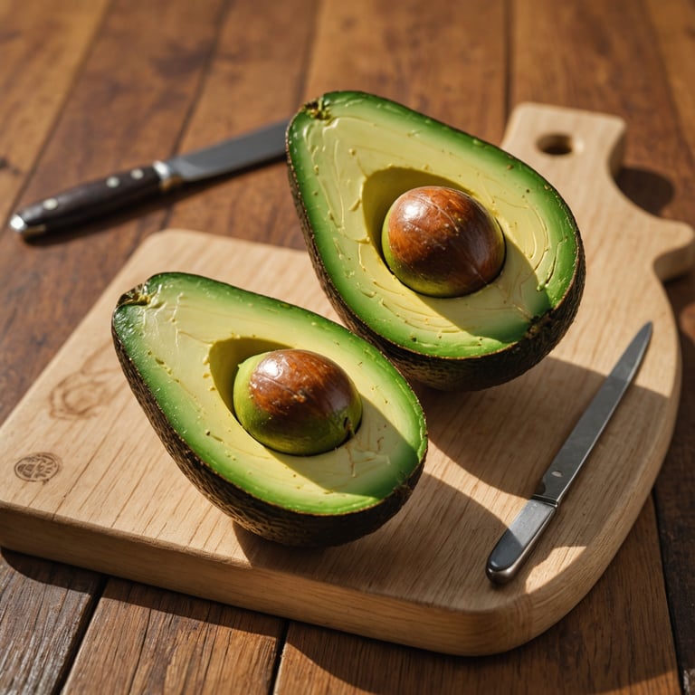 deux avocats sont coupés en deux sur une planche à découper en bois