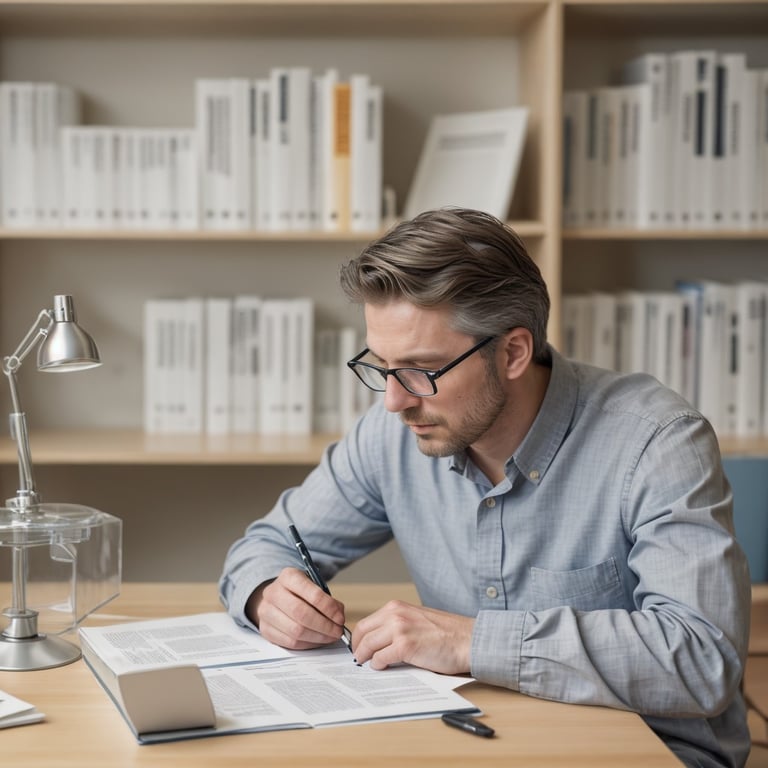 un homme portant des lunettes écrit sur un document