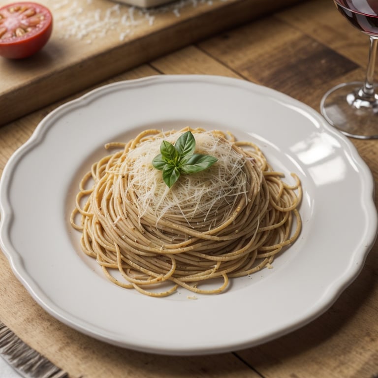 un gros plan d' une assiette de spaghetti sur une table en bois
