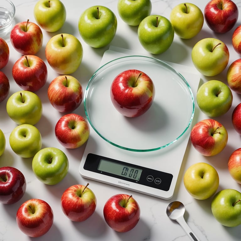 une pomme rouge est sur une balance entourée de pommes vertes et rouges