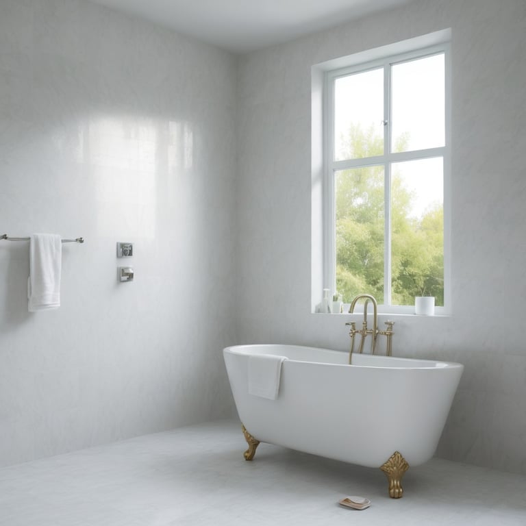 une salle de bain avec une baignoire blanche et une fenêtre