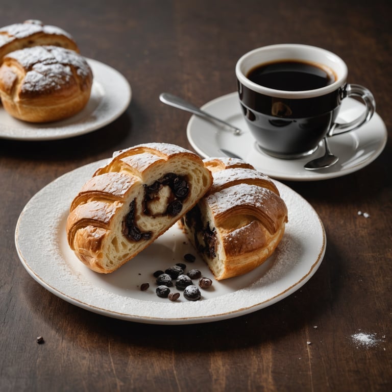 un croissant est coupé en deux sur une assiette blanche à côté d' une tasse de café