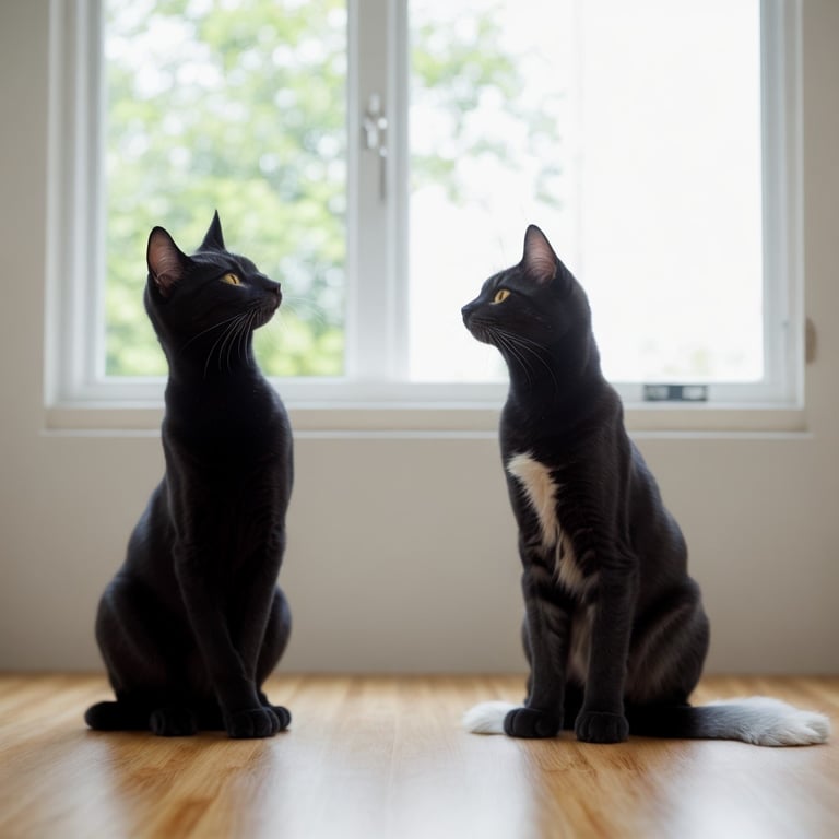 deux chats noirs sont assis l' un à côté de l' autre devant une fenêtre