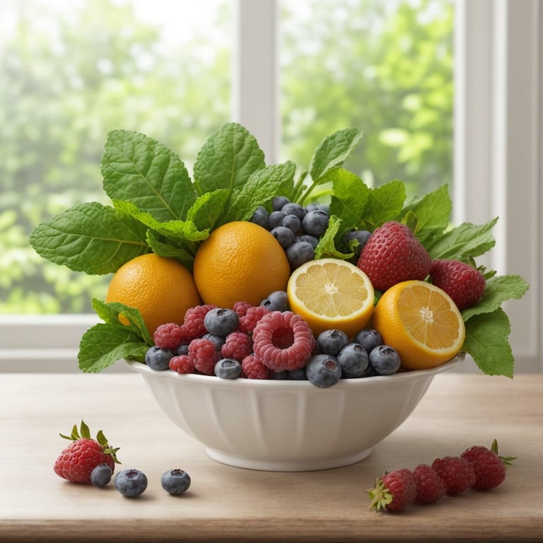 un bol blanc rempli de fruits et de feuilles de menthe