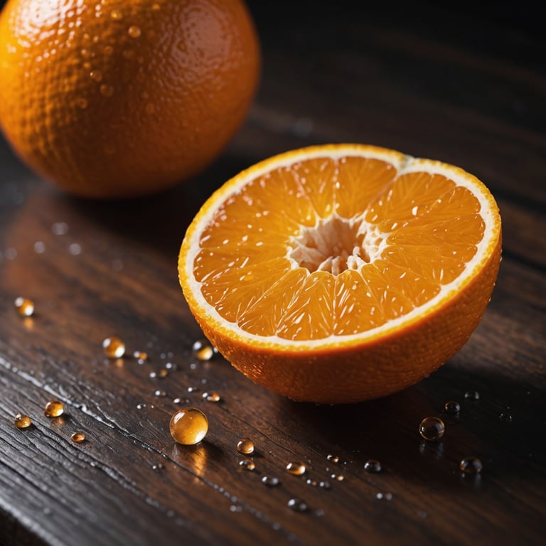 une orange coupée en deux avec des gouttes d' eau sur une table en bois