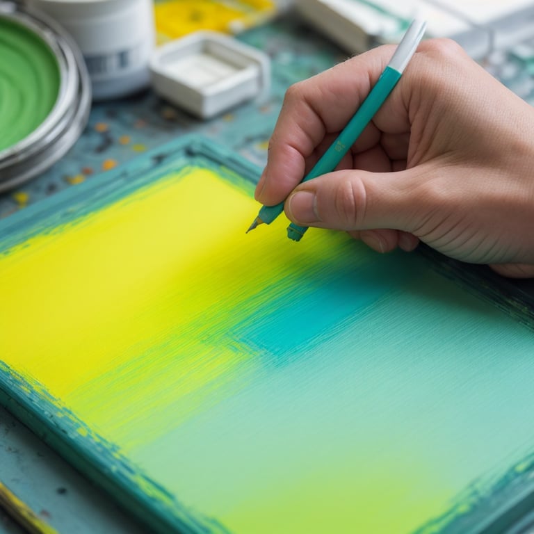 une personne utilise un stylo pour peindre un tableau jaune et bleu