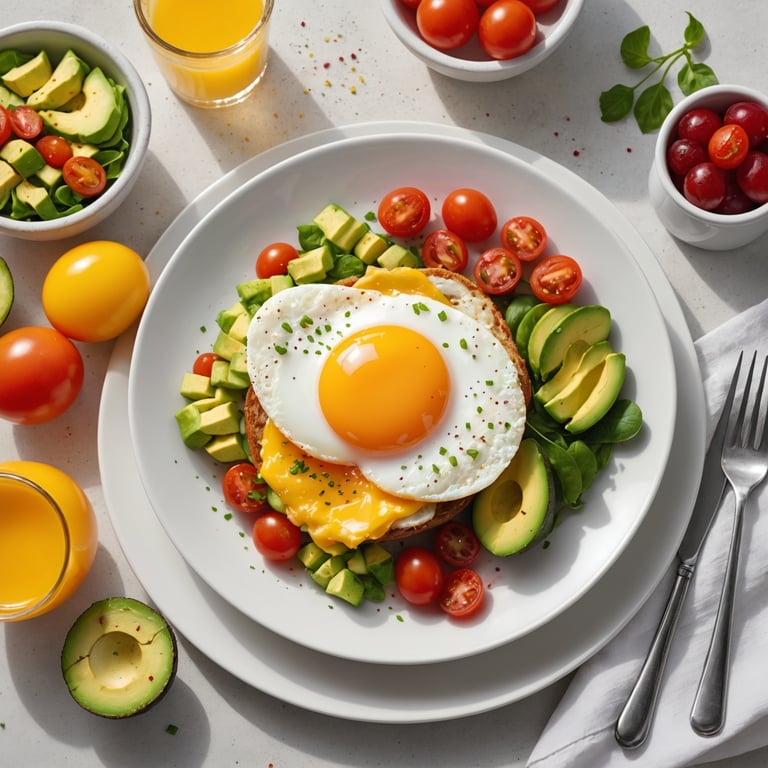 une assiette blanche avec un œuf au plat , des tomates et des avocats