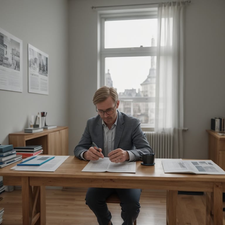 un homme est assis à un bureau en bois et écrit dans un cahier